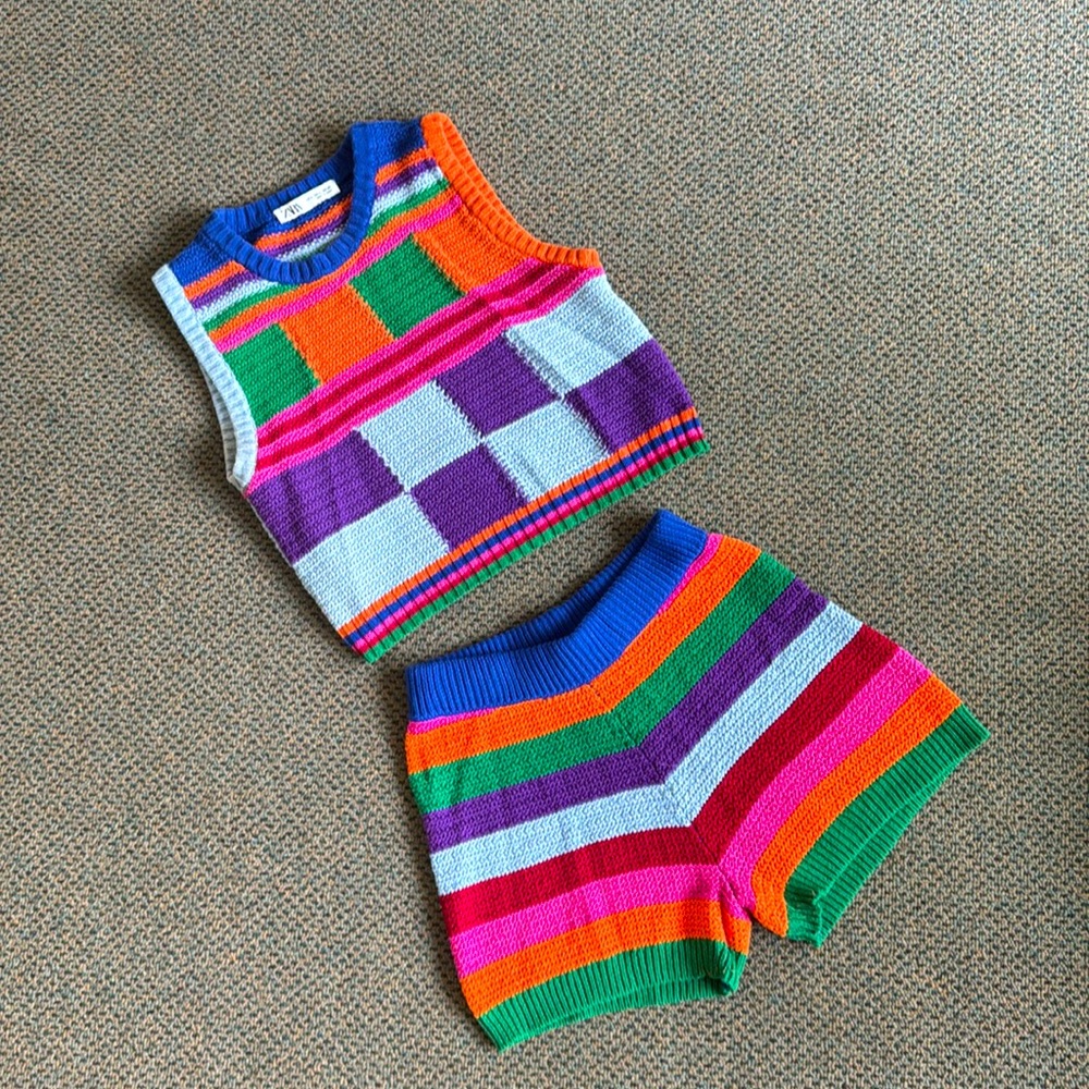 ZARA Rainbow two piece plaid vest and striped shorts